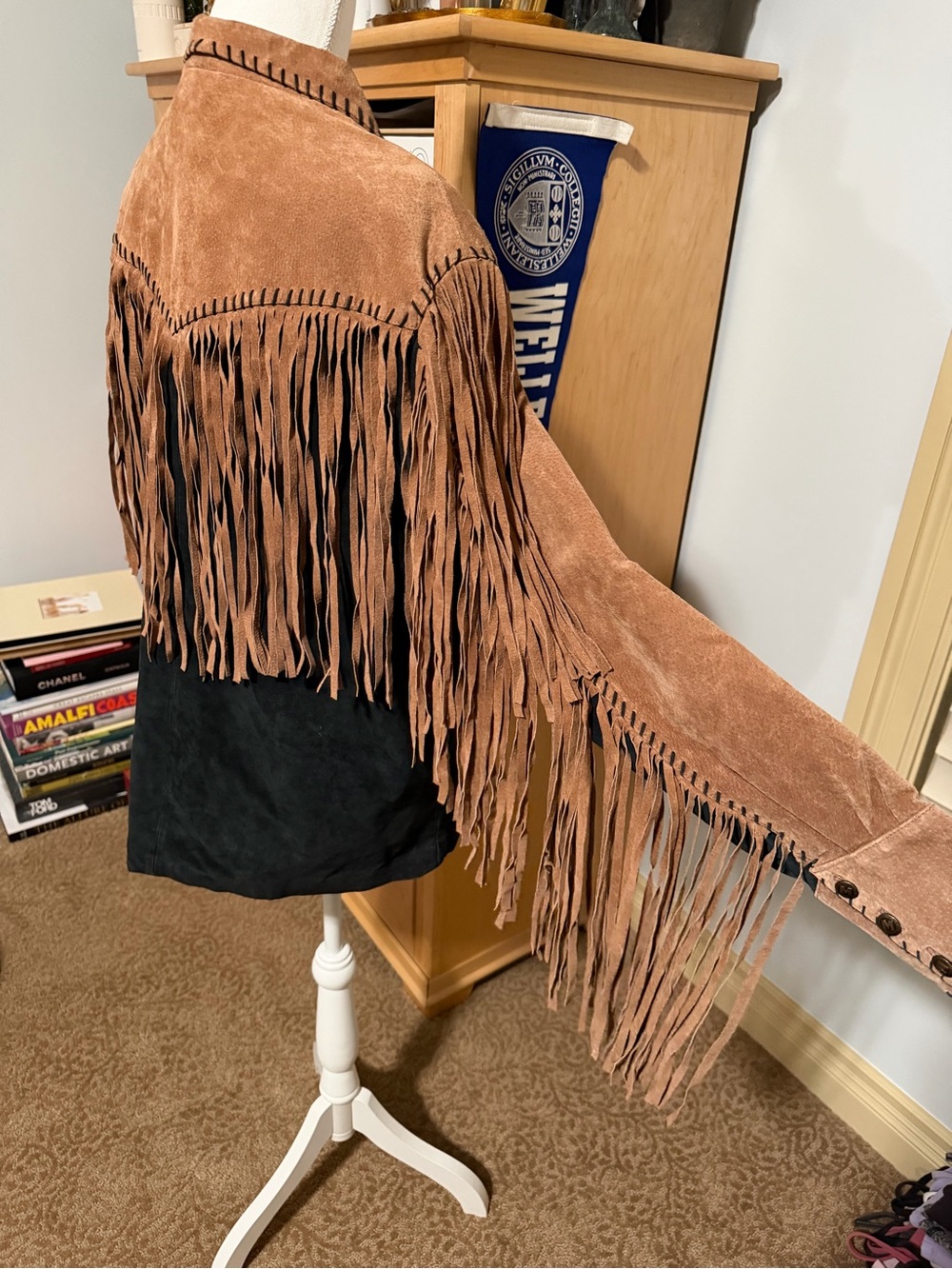 80s Bob Mackie Vintage Fringed Leather Suede Western Jacket Brown & Black Size L - Picture 2 of 15